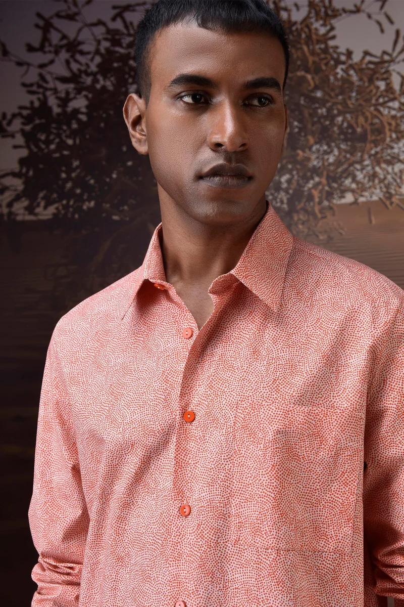 Genes Lecoanet Hemant Soft Coral Micro-Dot Giza Cotton Poplin Shirt